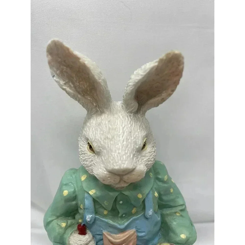 Vintage Bunny Rabbit Figurine Painting Egg Blue Overalls Easter Spring